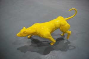 A glazed clay sculpture by artist and sculptor G. Alexandridis, presenting a bodybuilder dog. Ένα γλυπτό από τον εικαστικό και γλύπτη Γ. Αλεξανδρίδη.