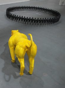 A glazed clay sculpture by artist and sculptor G. Alexandridis, presenting a bodybuilder dog. Ένα γλυπτό από τον εικαστικό και γλύπτη Γ. Αλεξανδρίδη.